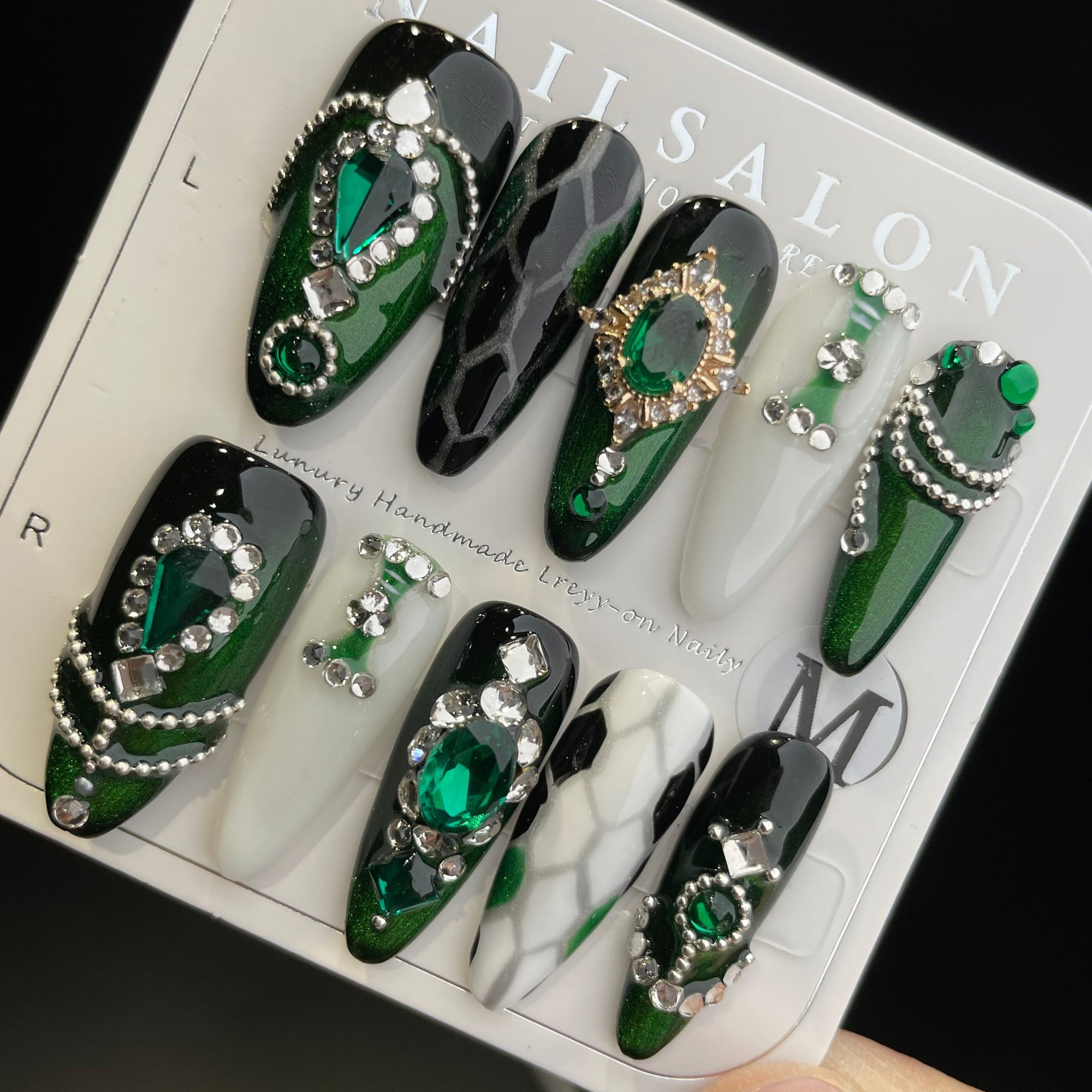 Handmade Press On Nails Long Almond Gorgeous diamond green Medusa-YiH