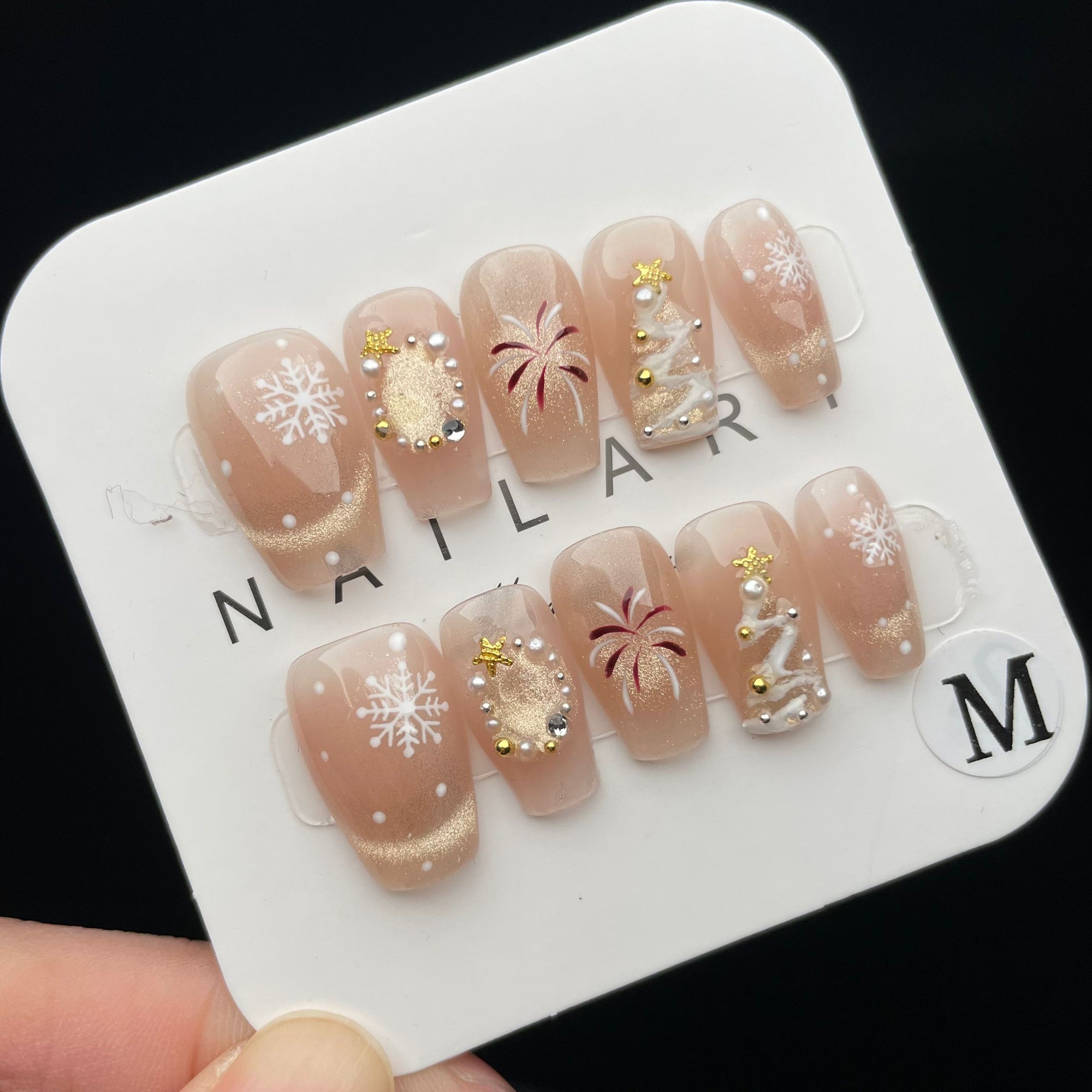 Handmade Press On Nails Medium Coffin Christmas fireworks