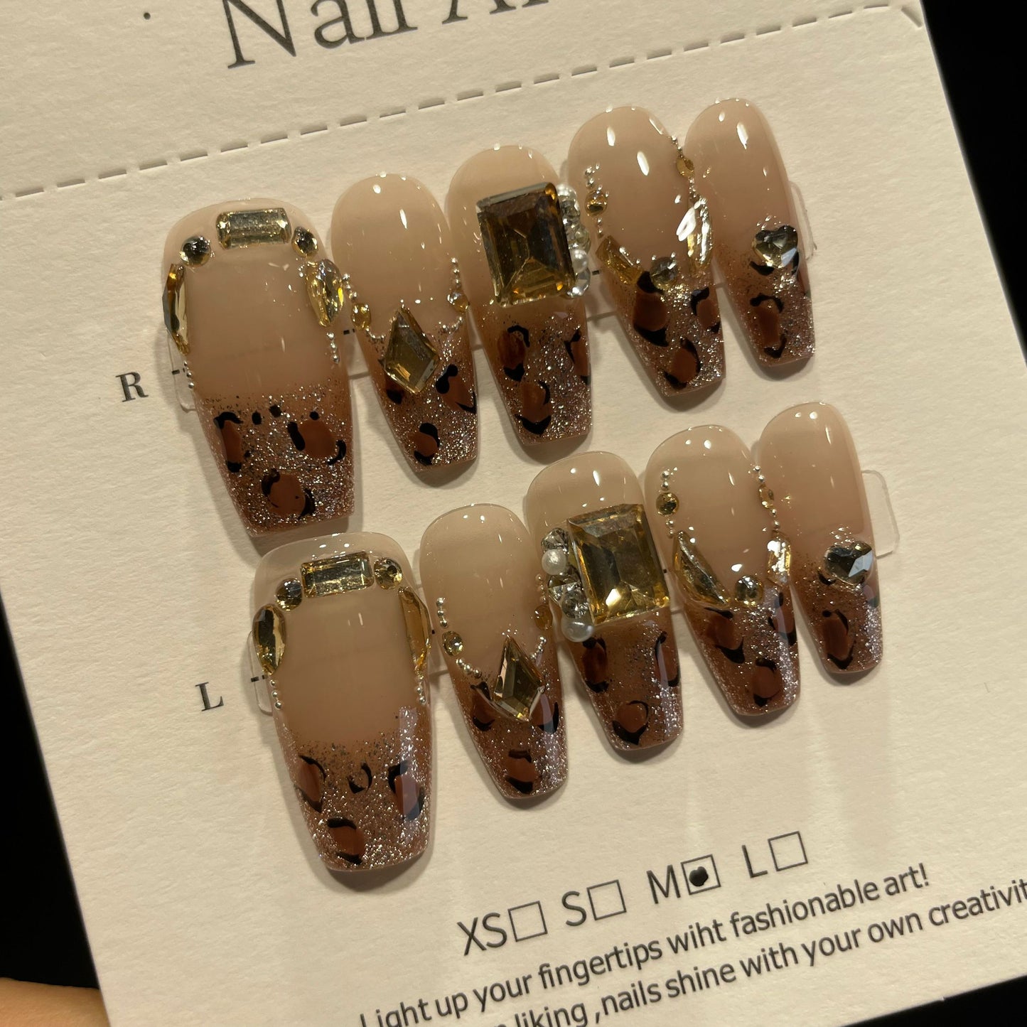 Handmade Press On Nails Long Coffin Leopard French