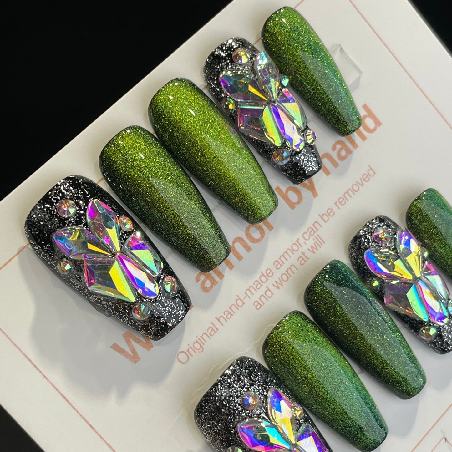 Handmade Press On Nails Long Coffin Green Demon