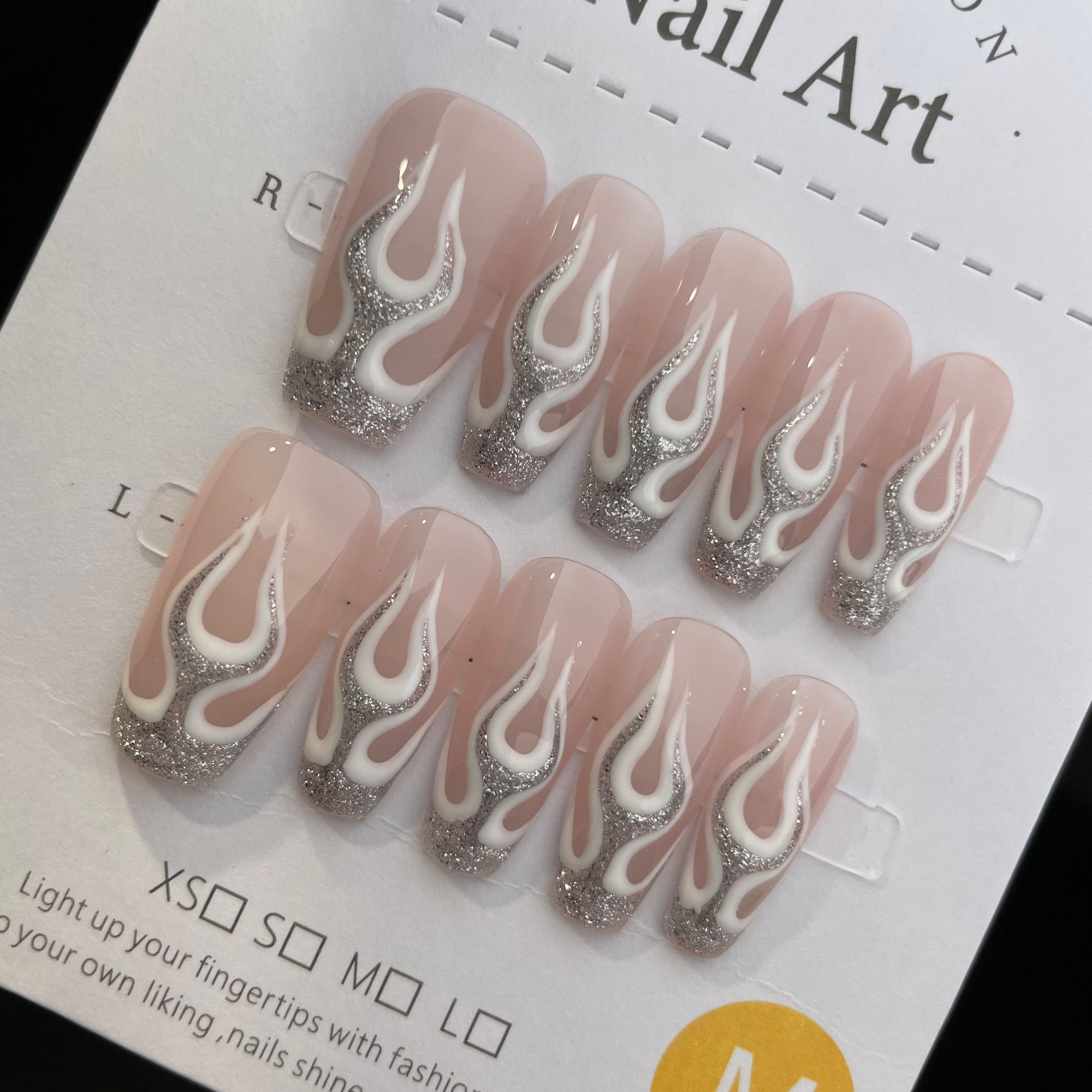 Handmade Press On Nails Long Coffin Silver flame-YiH