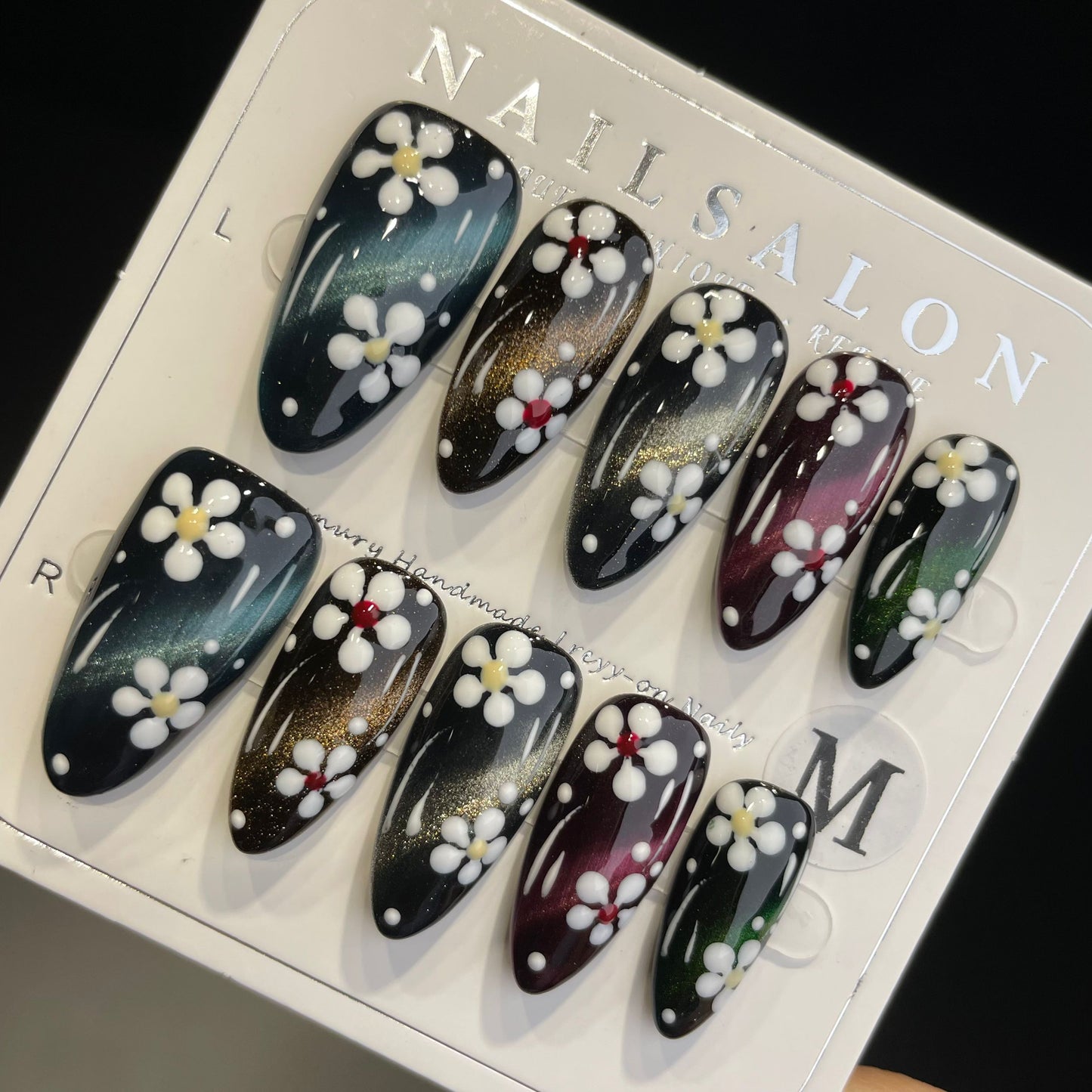 Handmade Press On Nails Long Almond Colorful cat-eye flowers