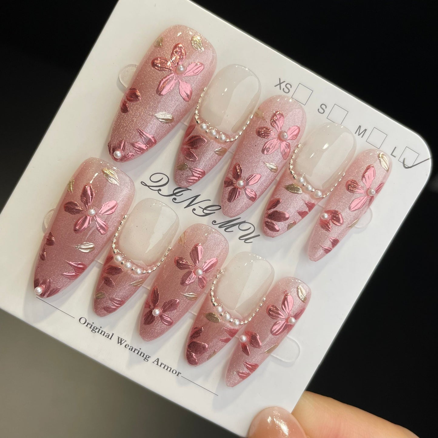 Handmade Press On Nails Long Almond Pink cherry blossom