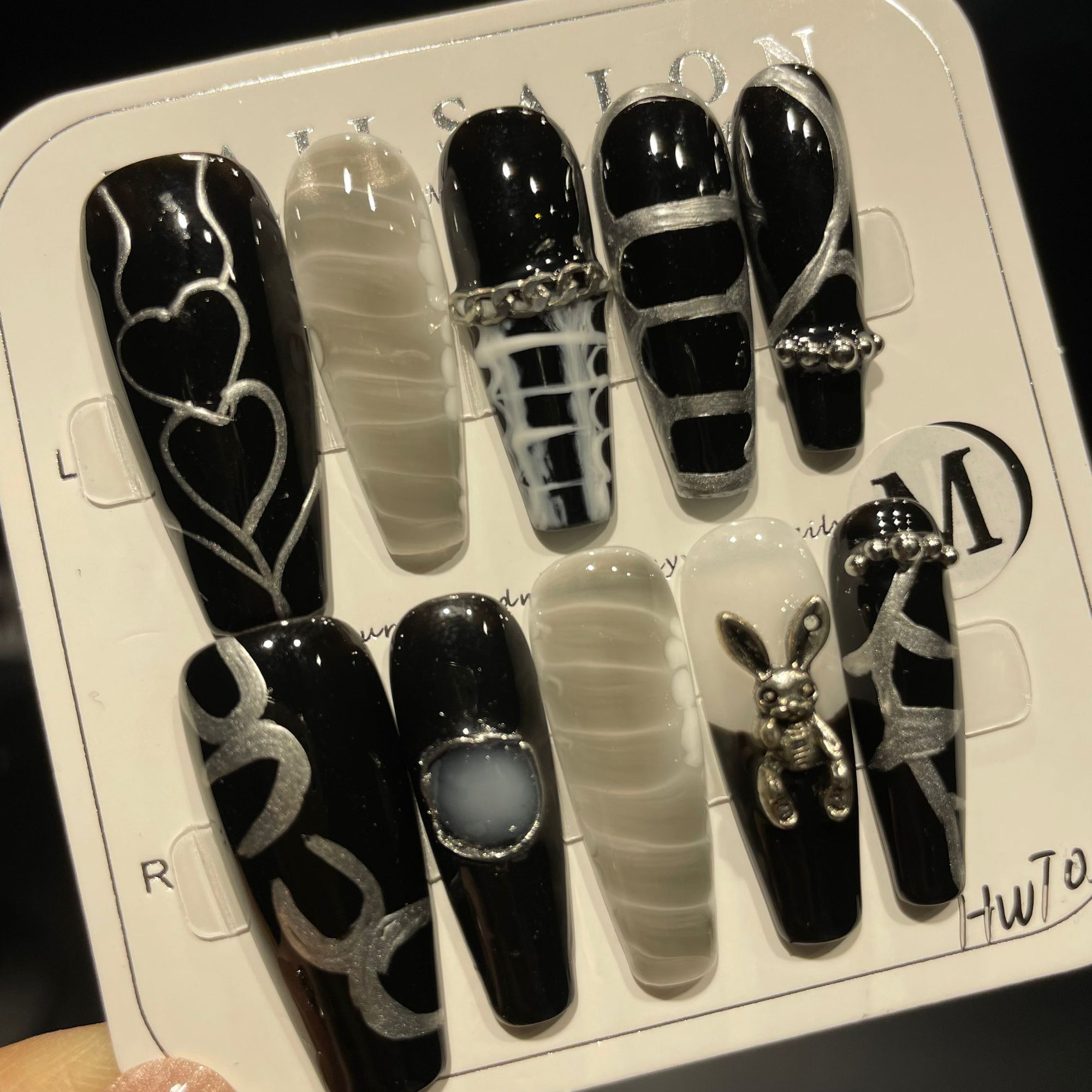 Handmade Press On Nails Long Coffin Black silver lines-YiH