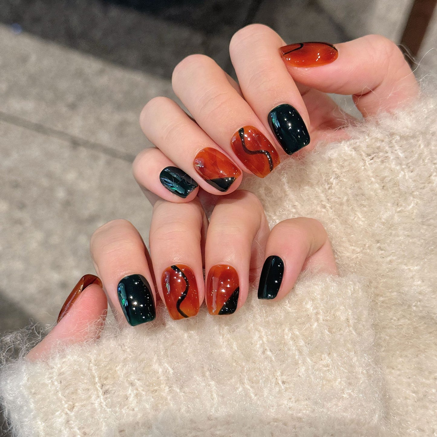 Handmade Press On Nails Short Coffin Autumn see ink dye