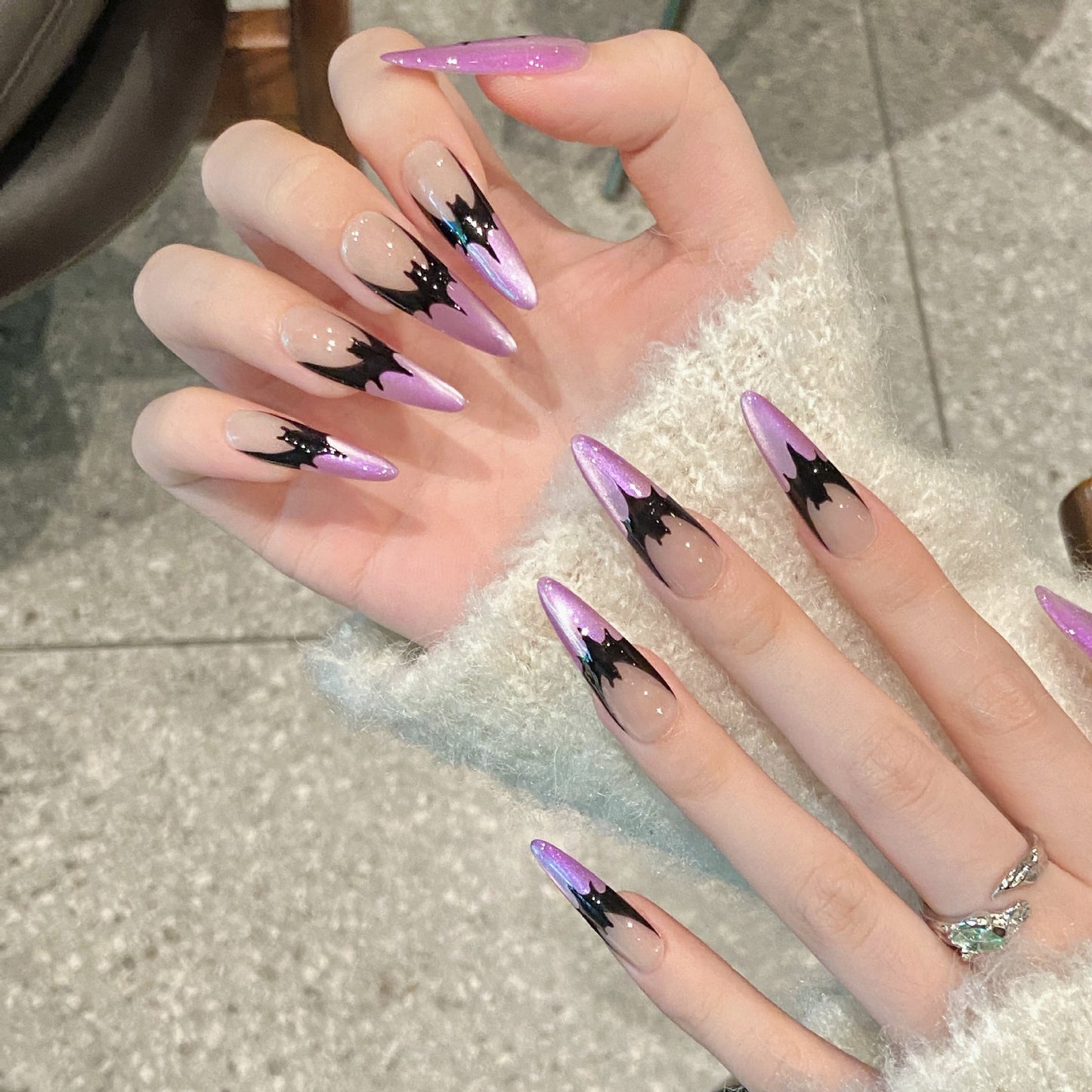 Handmade Press On Nails Long Stiletto Spider bat purple cat eyes