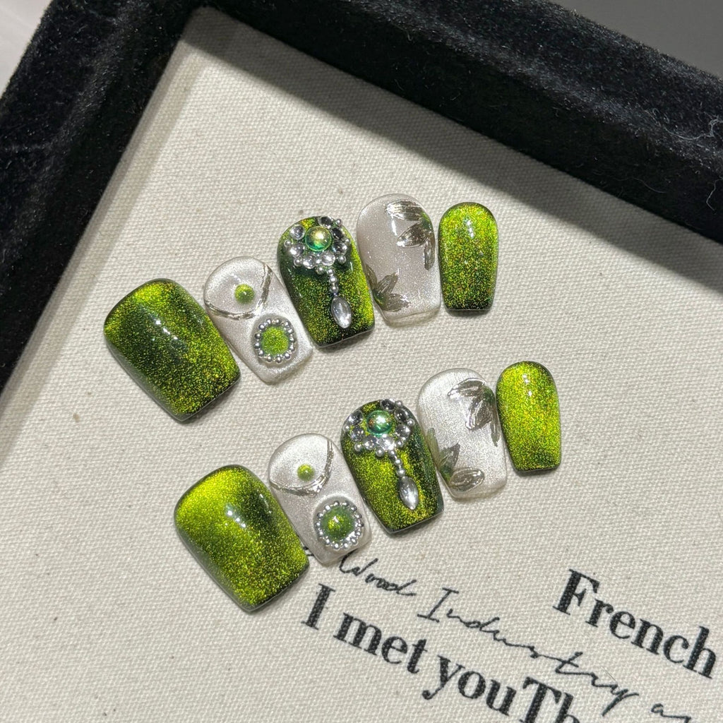 Handmade Press On Nails Short Coffin Green Po Hua Guang