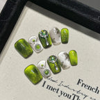 Handmade Press On Nails Short Coffin Green Po Hua Guang