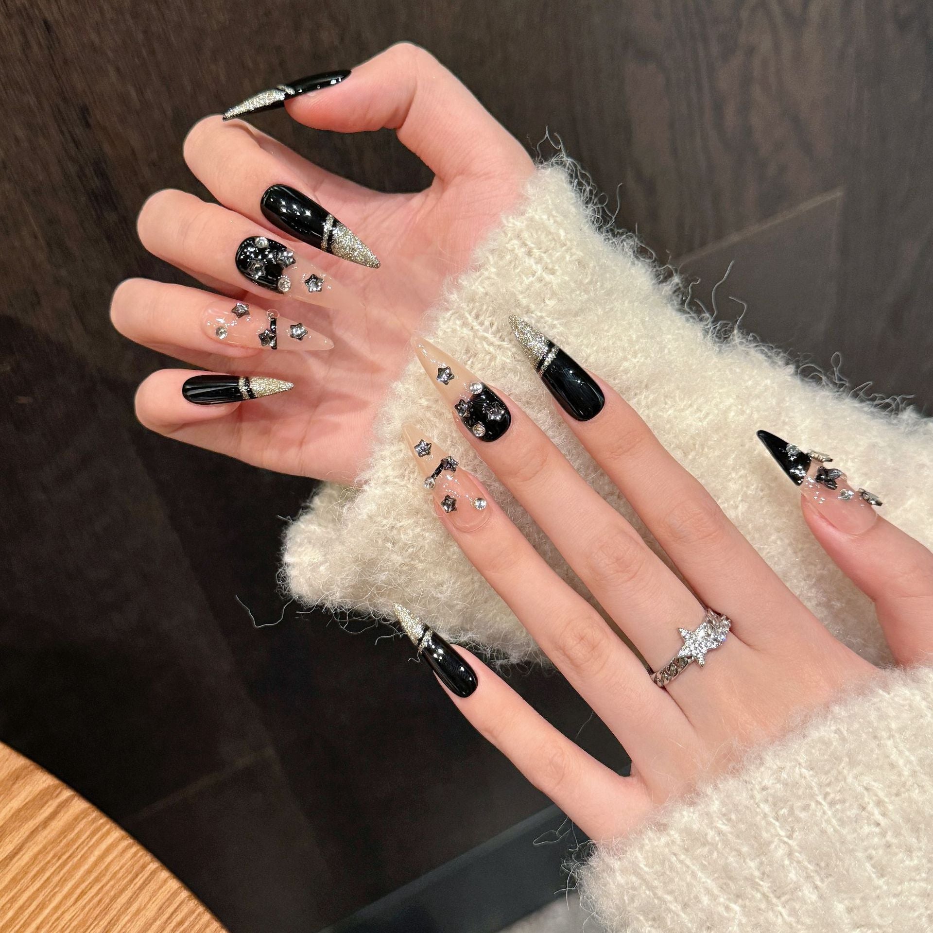 Handmade Press On Nails Long Stiletto Black gold star
