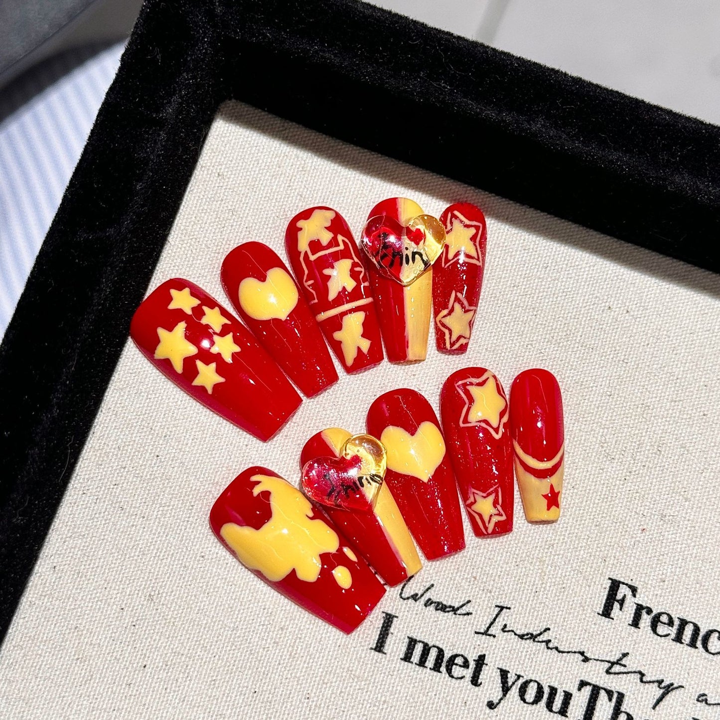 Handmade Press On Nails Long Coffin Chinese heart