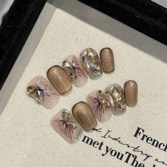 Handmade Press On Nails Short Coffin Autumn butterfly