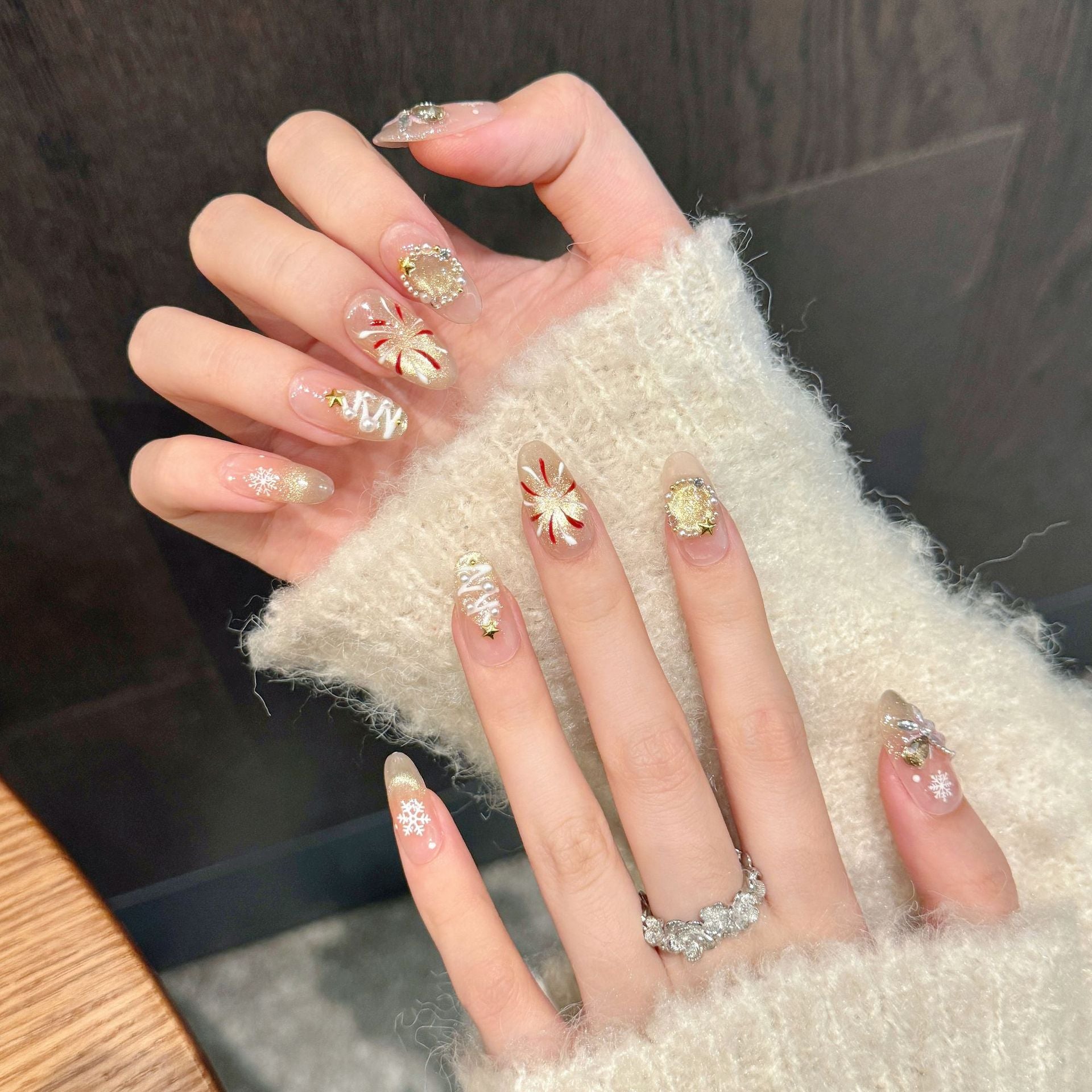 Handmade Press On Nails Medium Almond or Coffin Butterfly fireworks