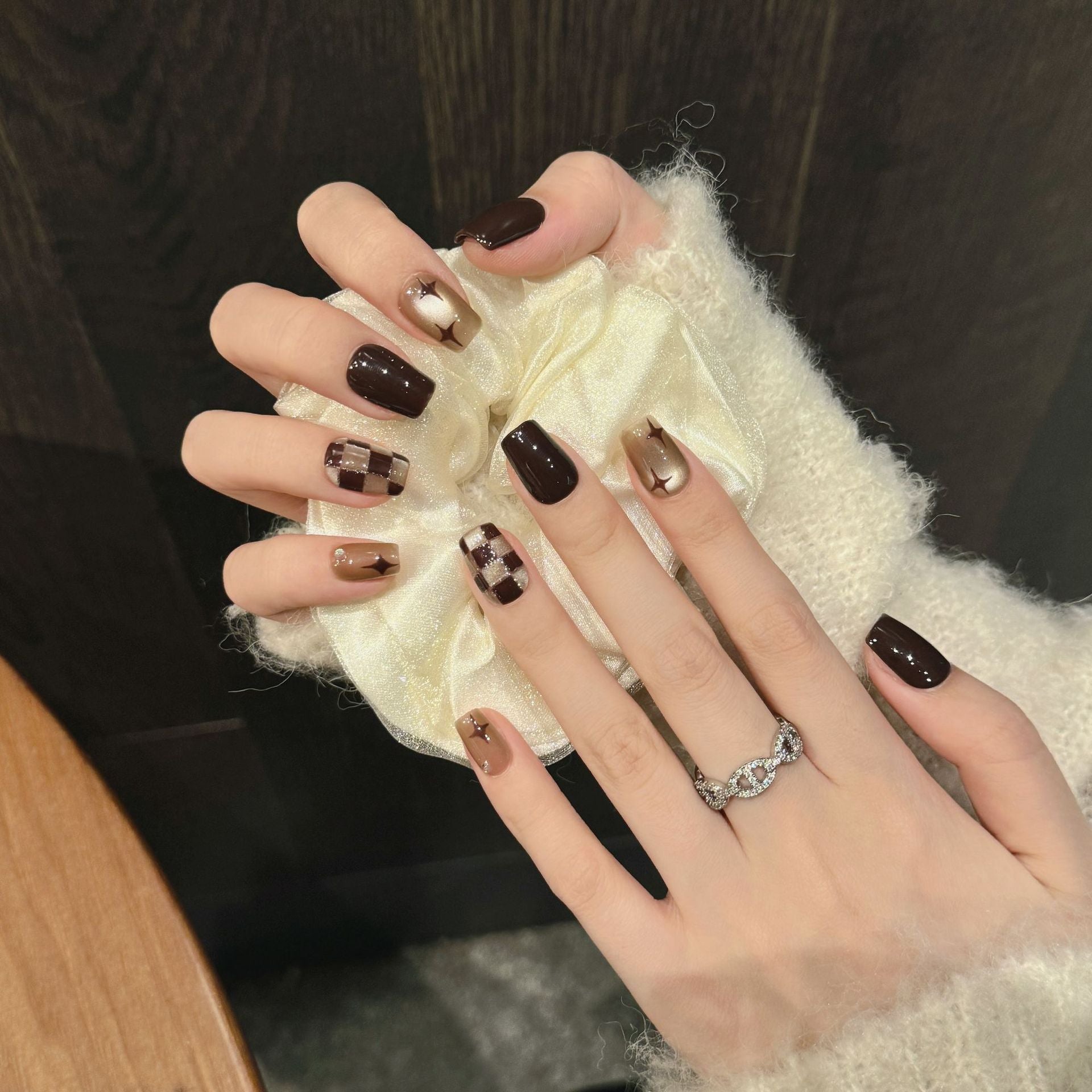 Handmade Press On Nails Short Coffin Checkered stars twinkle