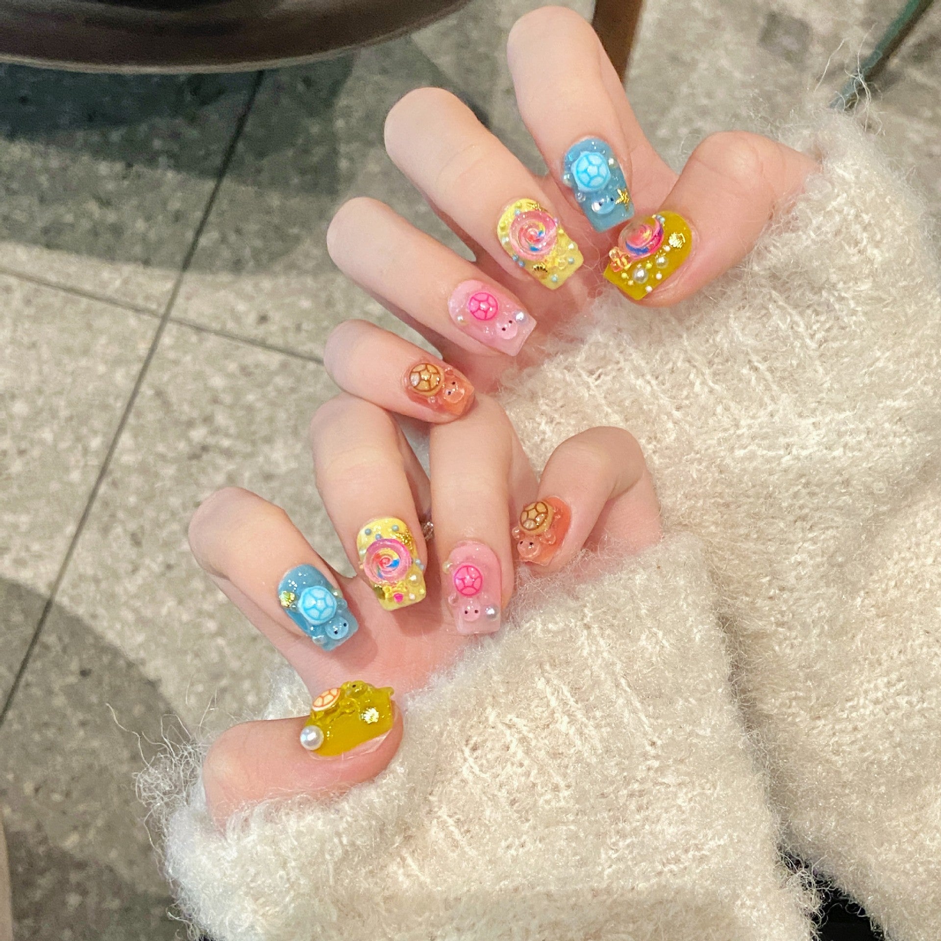 Handmade Press On Nails Short Coffin Turtles touch each other