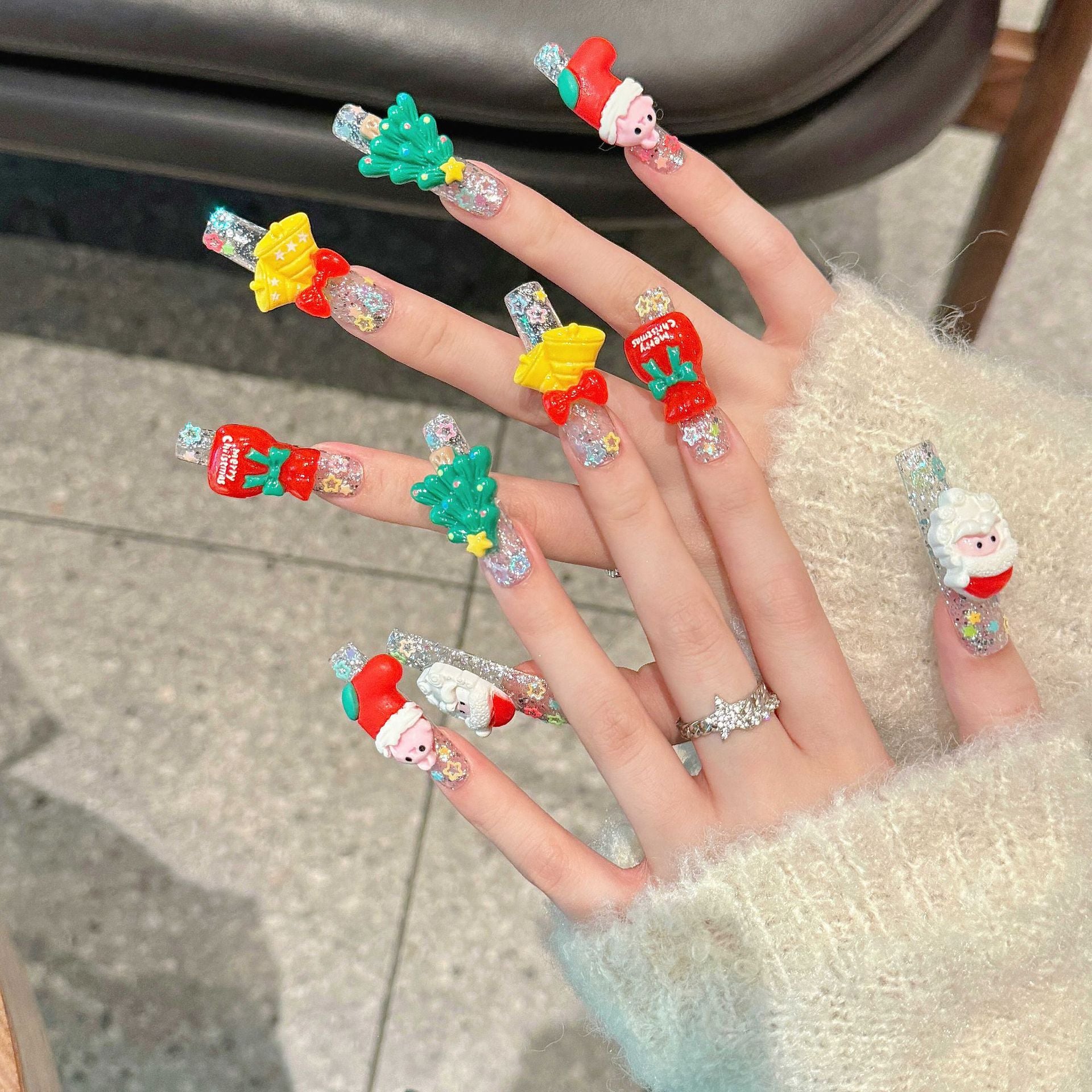 Handmade Press On Nails Extra-Long Coffin Luxurious Christmas 3D