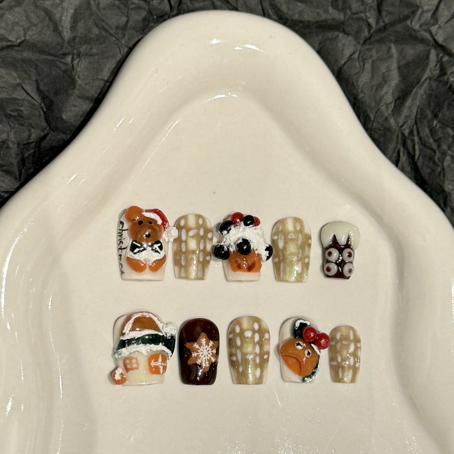 Handmade Press On Nails Short Coffin Three-dimensional bear