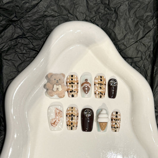 Handmade Press On Nails Short Coffin Ice cream bear