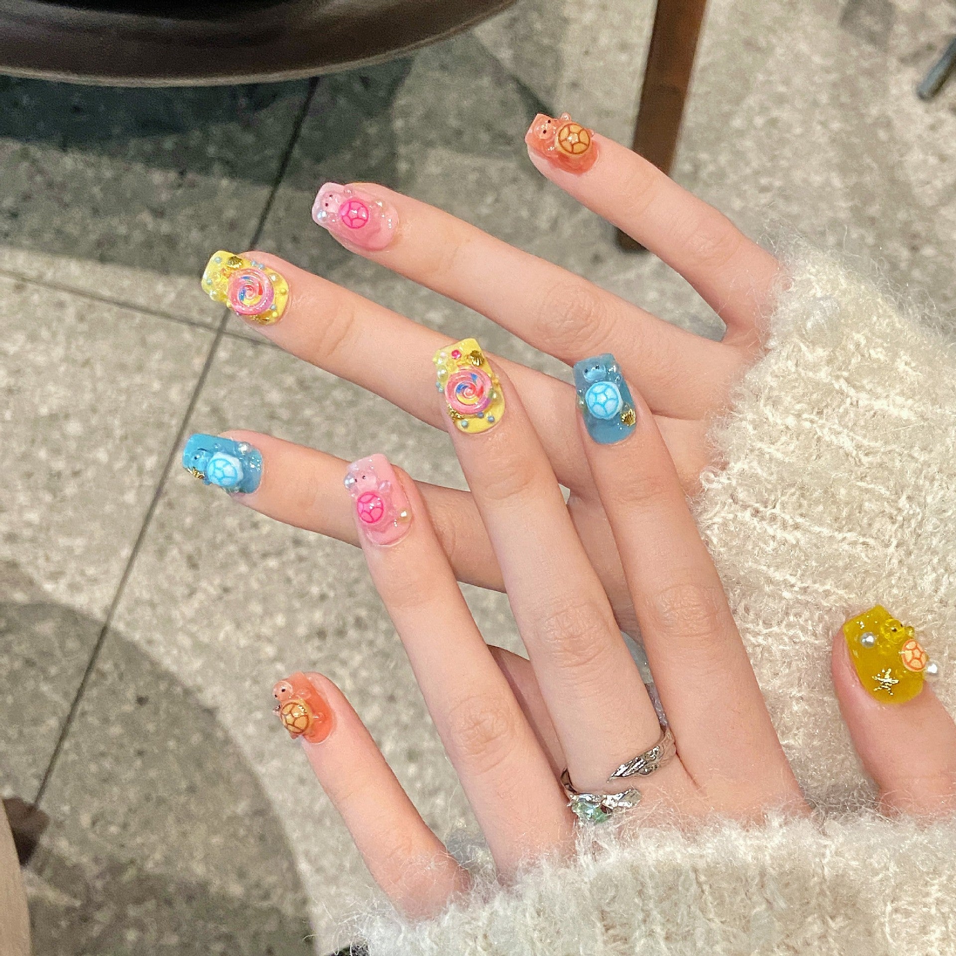 Handmade Press On Nails Short Coffin Turtles touch each other