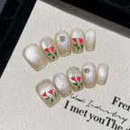 Handmade Press On Nails Short Coffin Pink mist rose