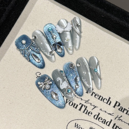 Handmade Press On Nails Long Almond Daytime goose Lake