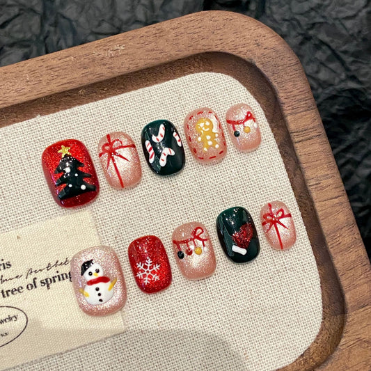 Handmade Press On Nails Short Square Christmas gift