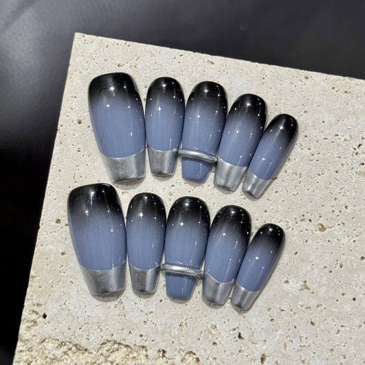 Handmade Press On Nails Long Coffin Two color gradient metal