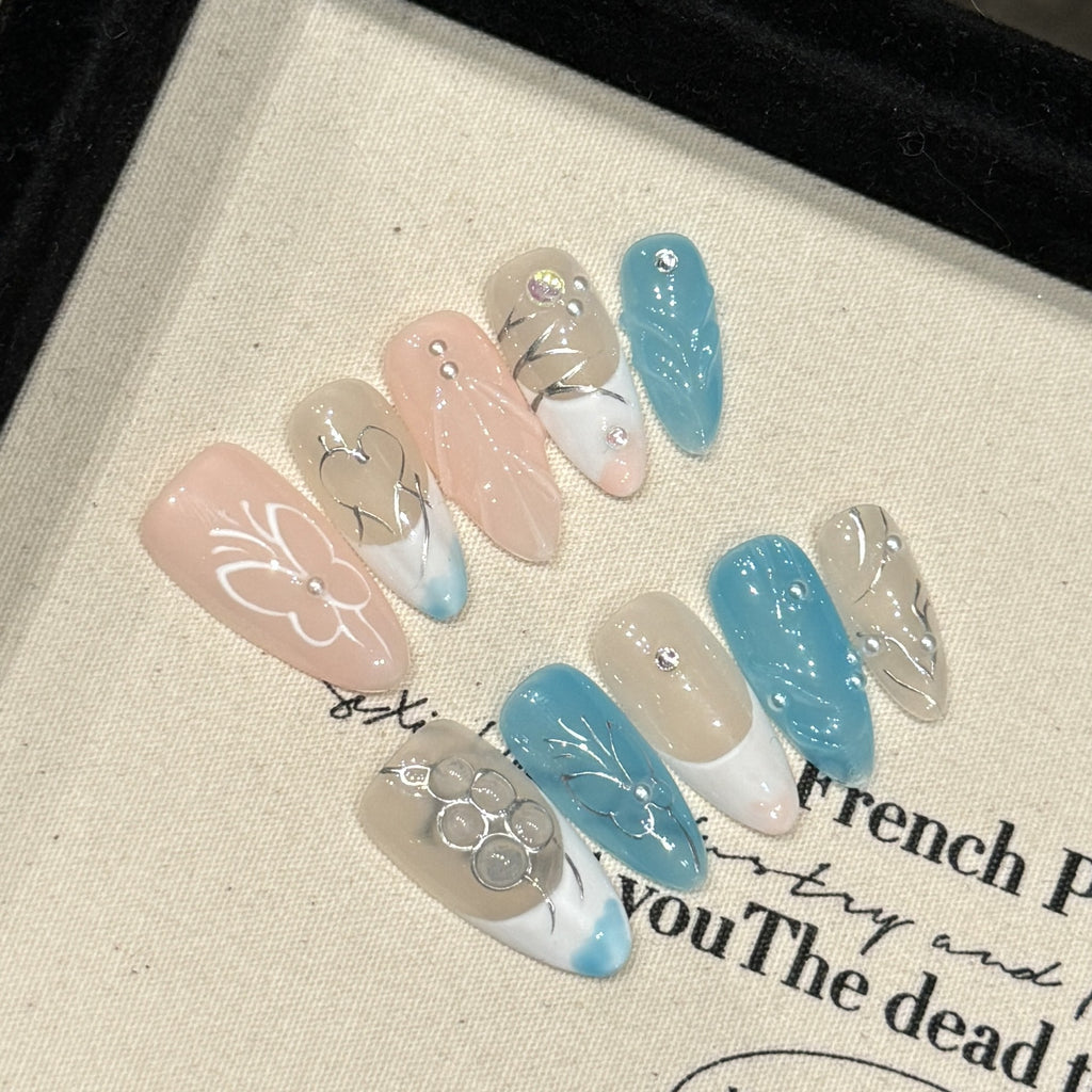 Handmade Press On Nails Medium Almond Liquid blue sea bath