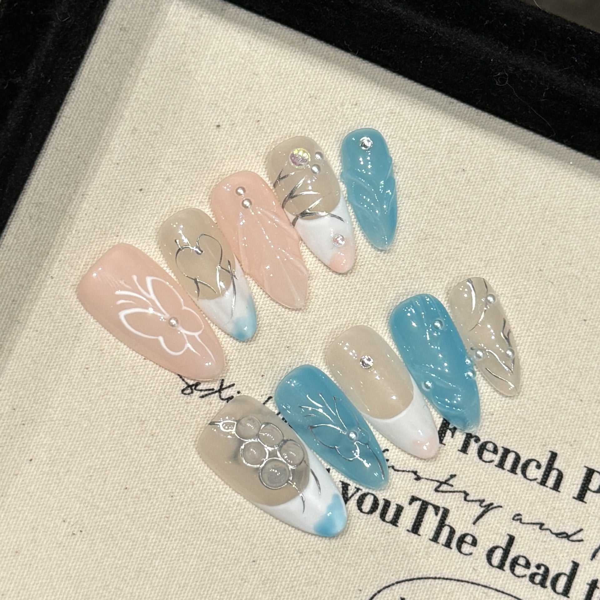 Handmade Press On Nails Medium Almond Liquid blue sea bath