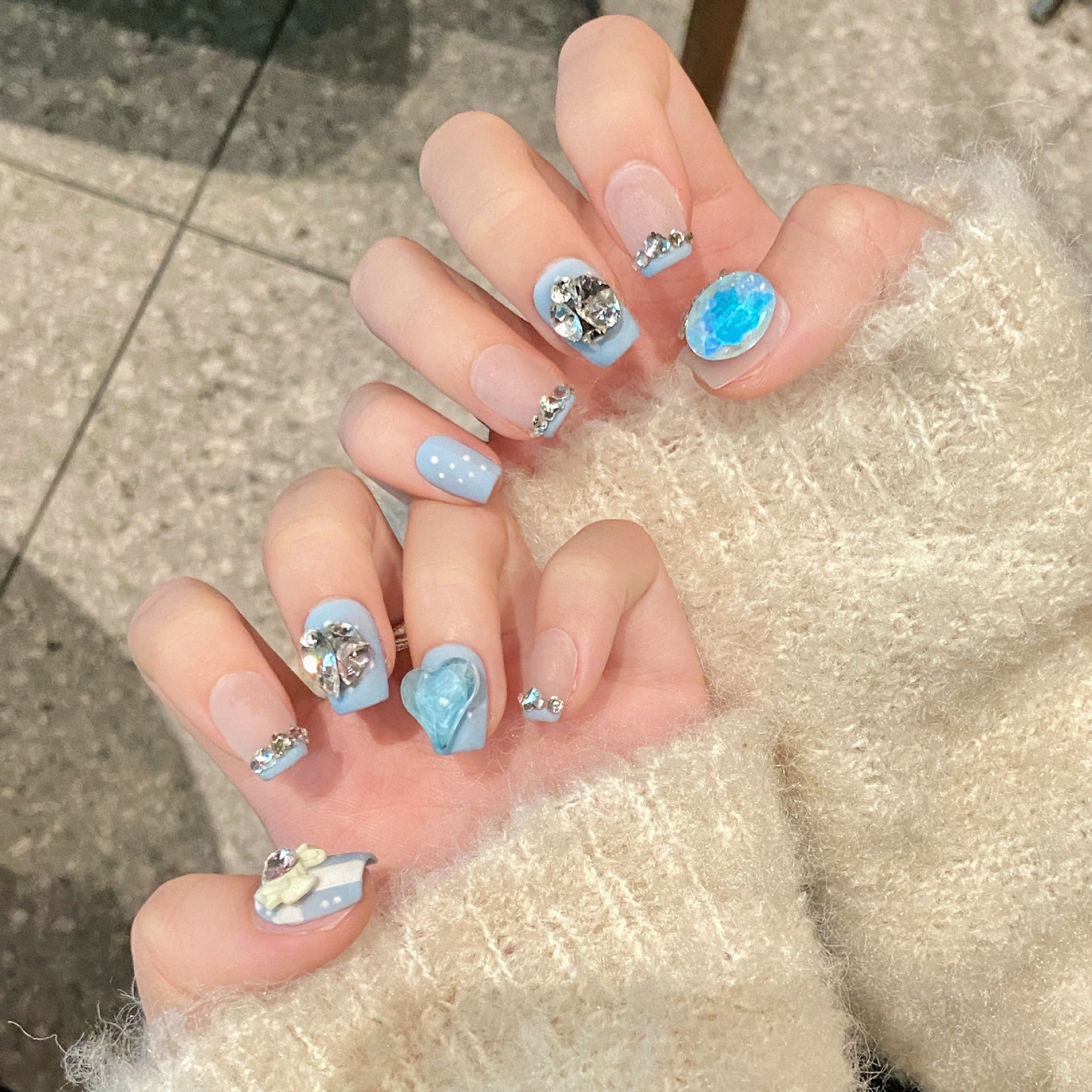 Handmade Press On Nails Short Coffin Ice through blue French