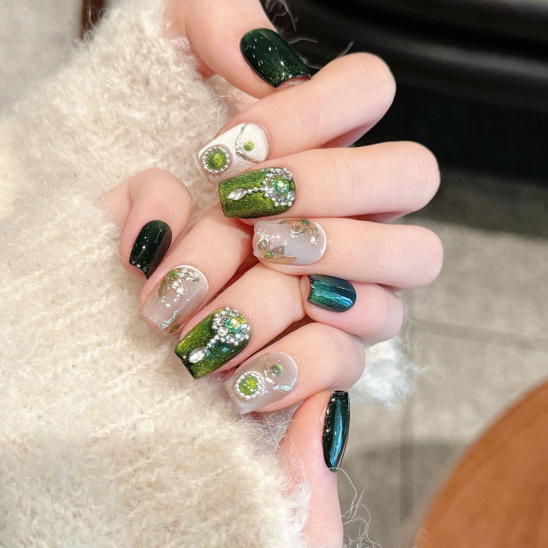 Handmade Press On Nails Short Coffin Green Po Hua Guang