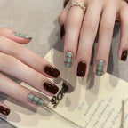 Handmade Press On Nails Short Coffin Haze blue check
