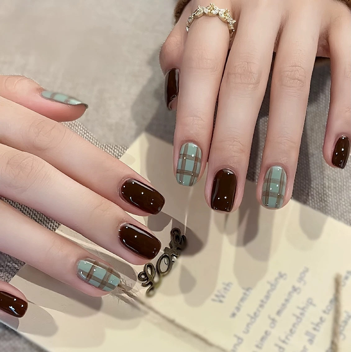 Handmade Press On Nails Short Coffin Haze blue check