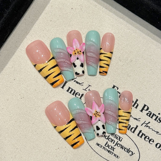 Handmade Press On Nails Long Coffin Zebra hippie