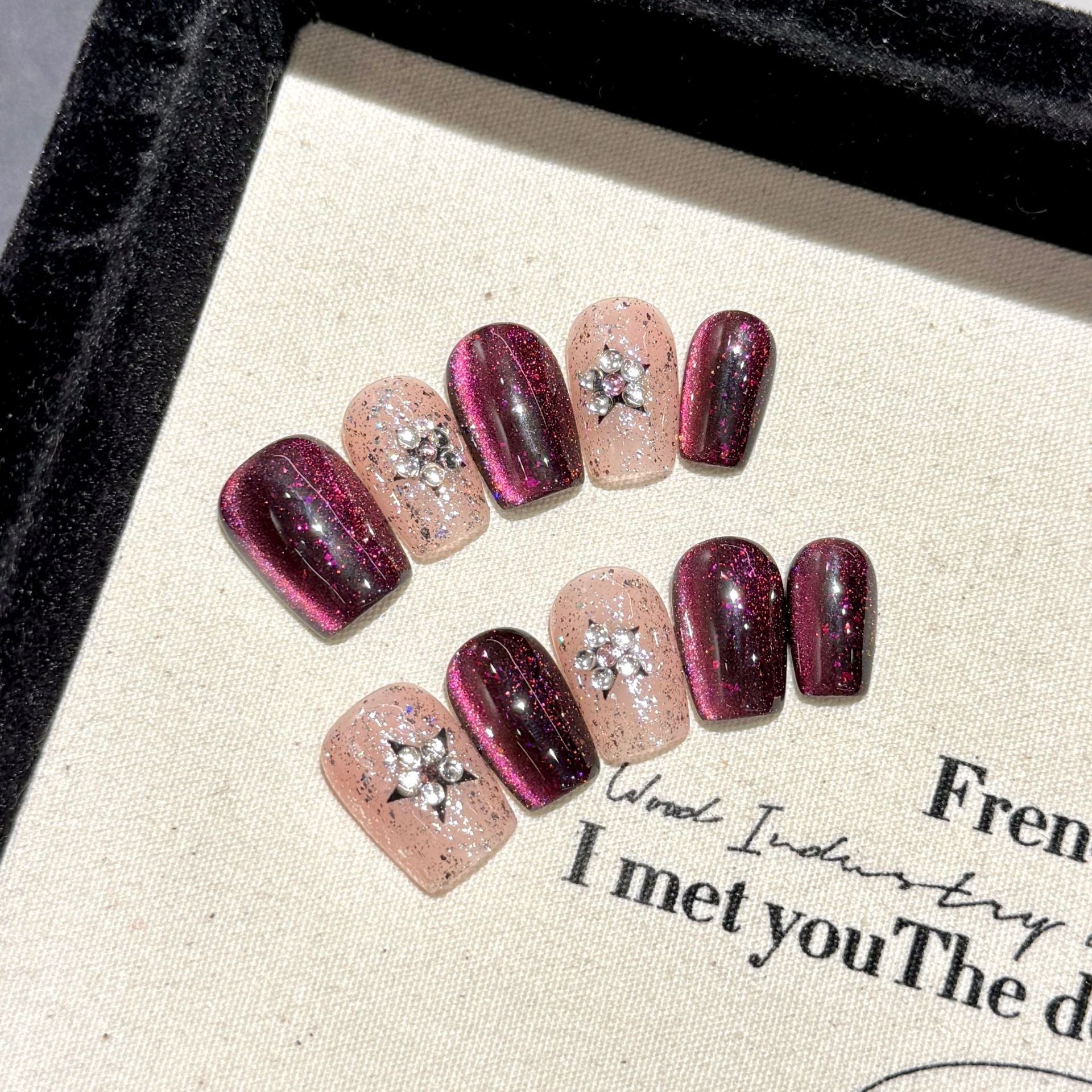 Handmade Press On Nails Short Coffin The crystal stone starry night