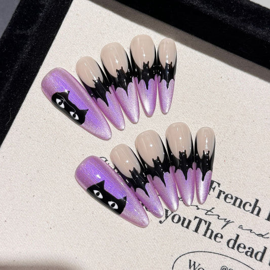 Handmade Press On Nails Long Stiletto Spider bat purple cat eyes