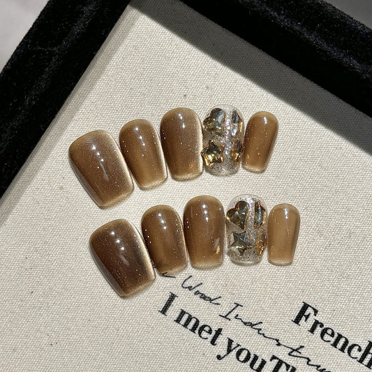 Handmade Press On Nails Short Coffin Champagne diamond