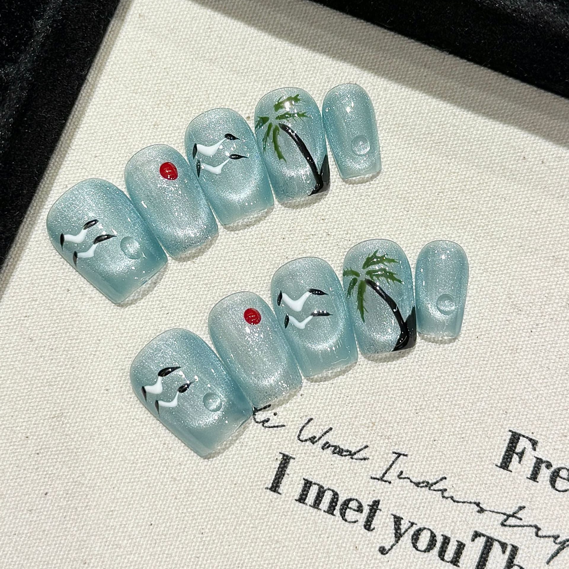 Handmade Press On Nails Short Coffin Under the coconut tree
