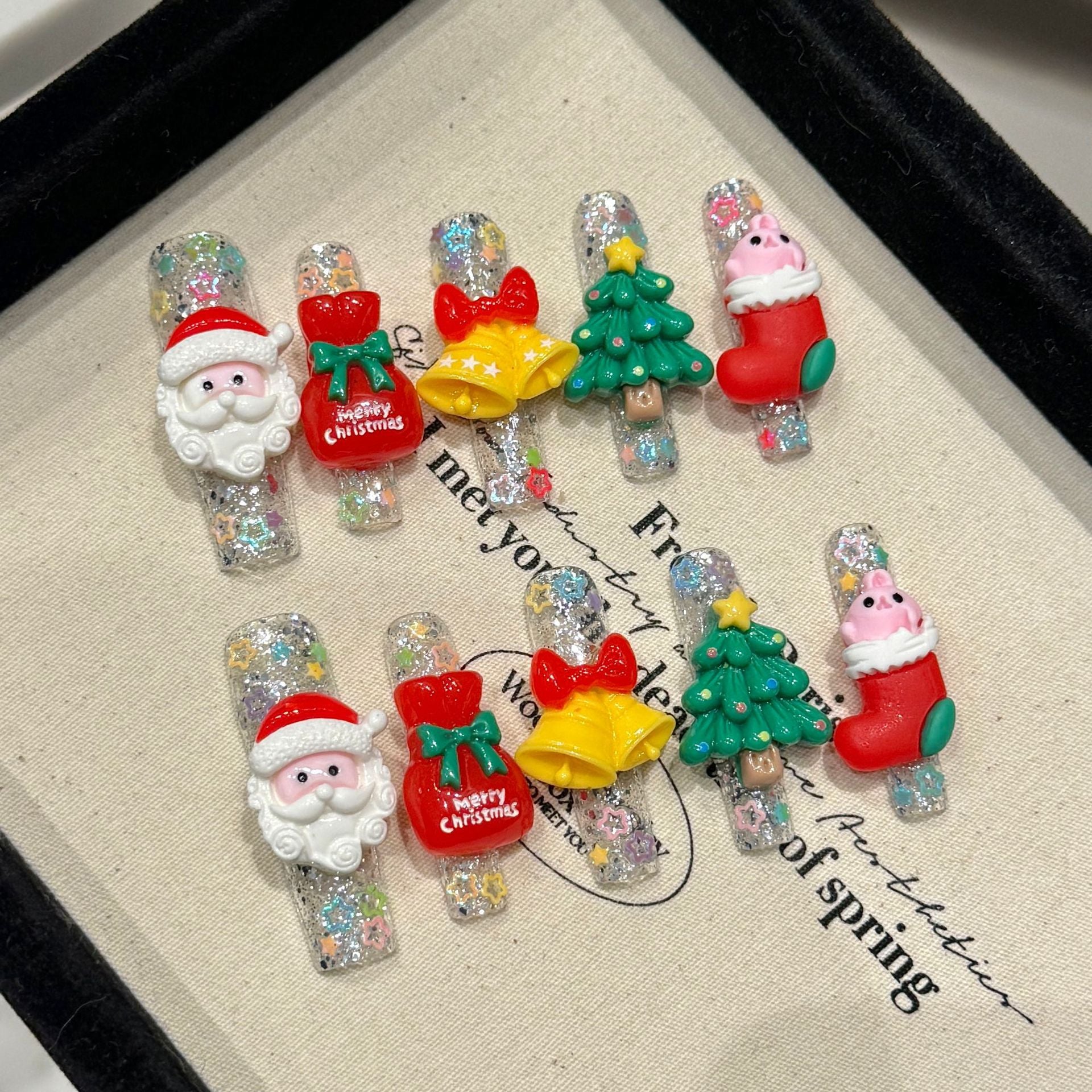 Handmade Press On Nails Extra-Long Coffin Luxurious Christmas 3D