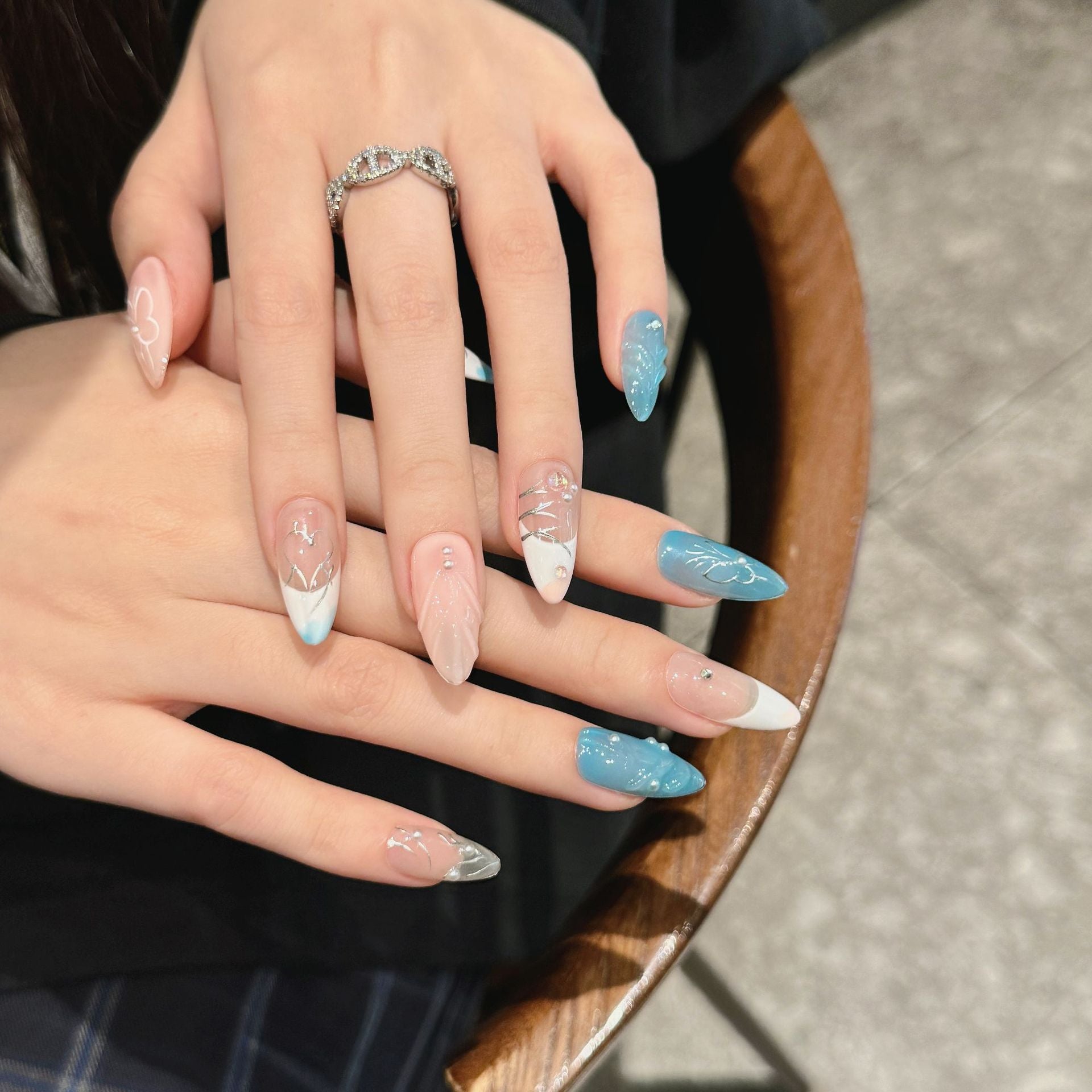Handmade Press On Nails Medium Almond Liquid blue sea bath