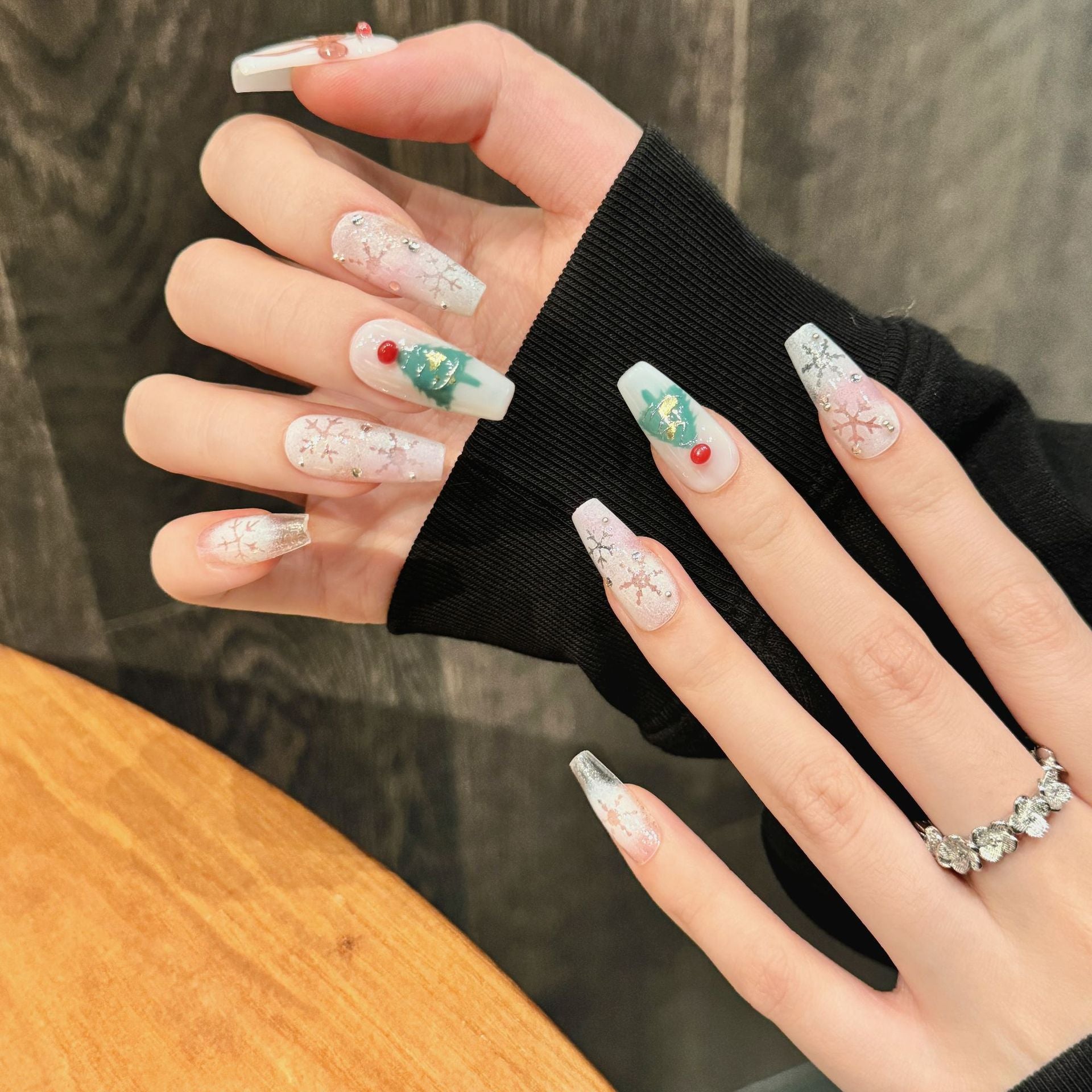 Handmade Press On Nails Long Coffin Christmas snow and ice