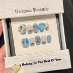 Handmade Press On Nails Short Coffin Ice through blue French