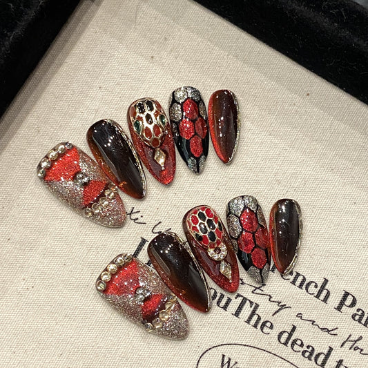 Handmade Press On Nails Long Stiletto Red Flame Medusa