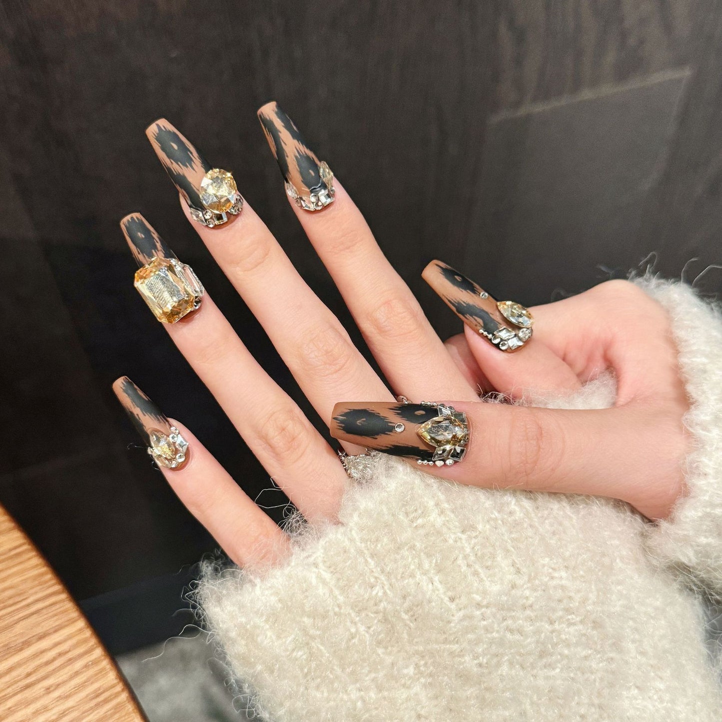 Handmade Press On Nails Long Coffin Leopard print