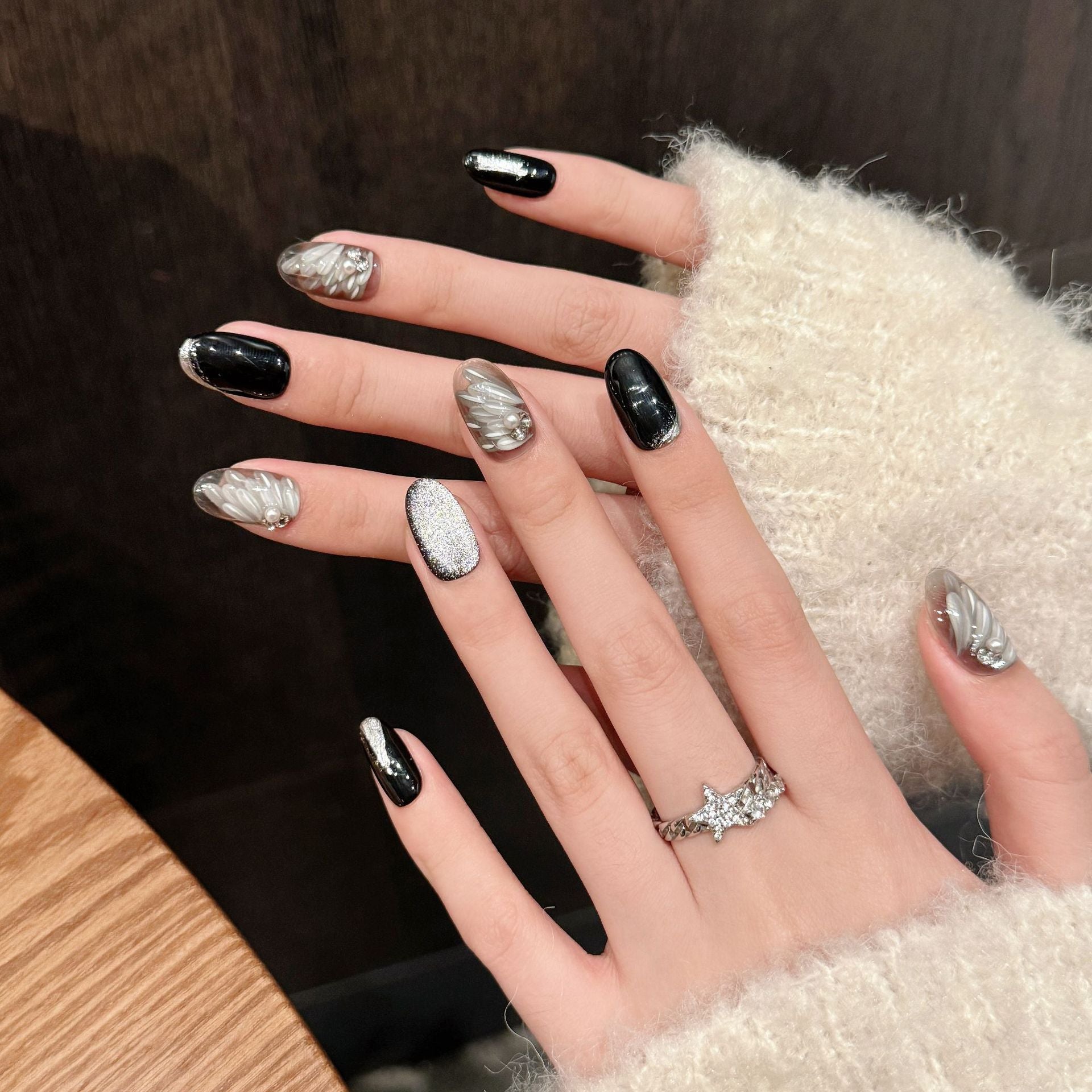 Handmade Press On Nails Short Oval Wings of Cloud