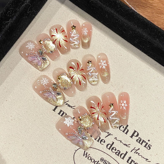 Handmade Press On Nails Medium Almond or Coffin Butterfly fireworks