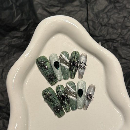 Handmade Press On Nails Long Coffin Dark green spider