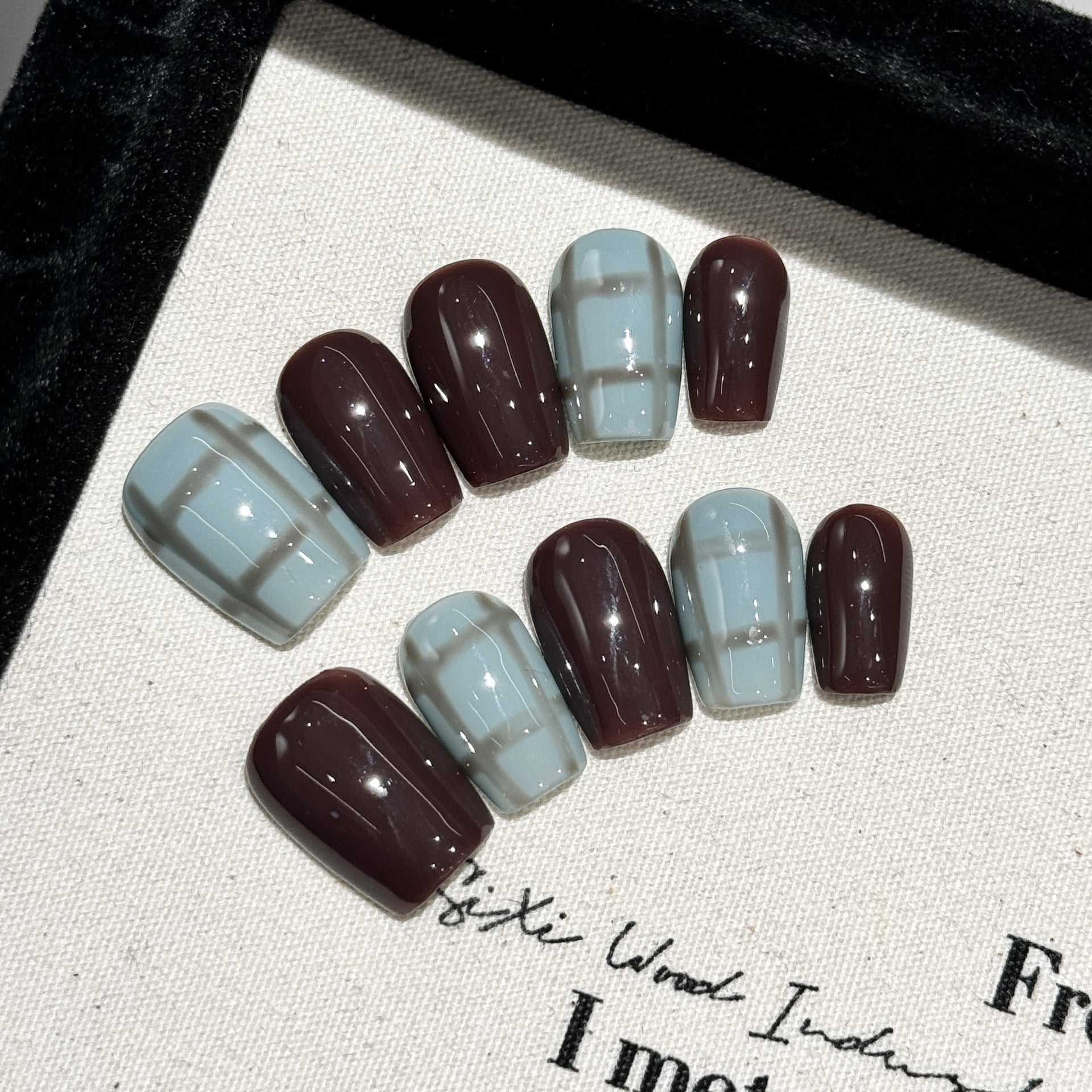 Handmade Press On Nails Short Coffin Haze blue check