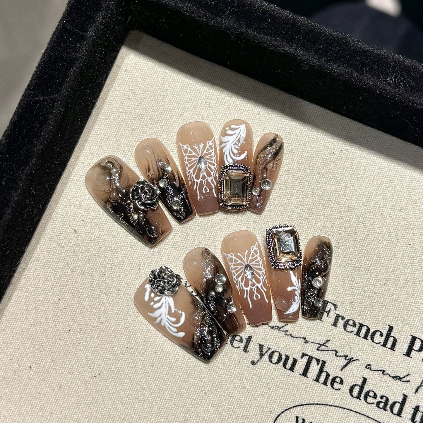 Handmade Press On Nails Long Coffin Dark night butterfly color