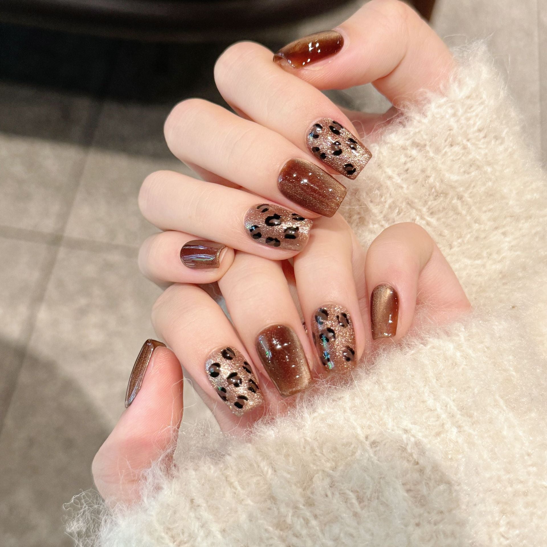Handmade Press On Nails Short Coffin Maillard leopard print