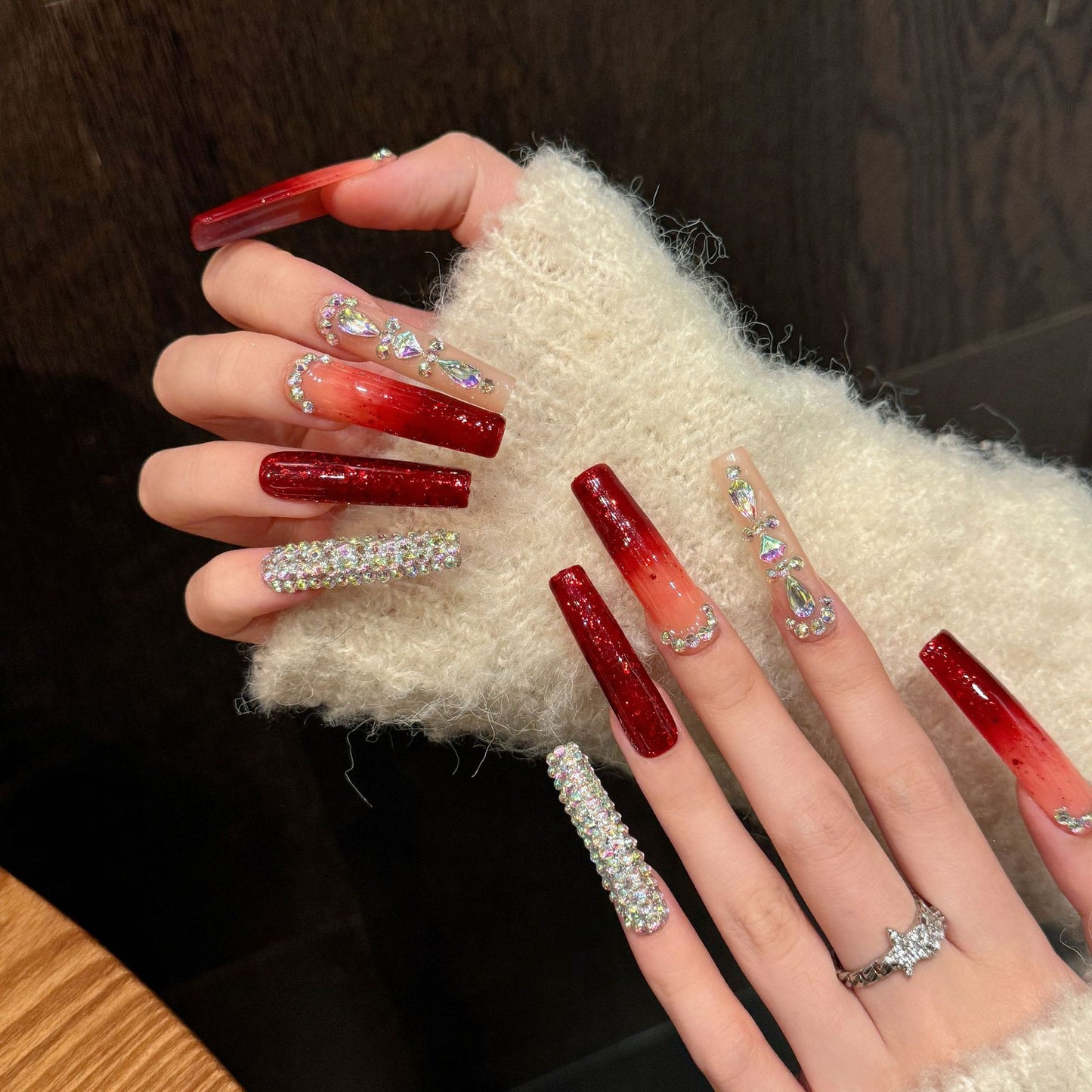 Handmade Press On Nails Extra-Long Coffin Red super hot girl